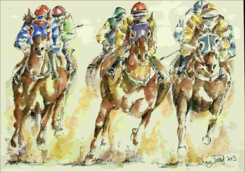 ‘And we’re racing!’ Sharyn Talbot $185 (45 x 55cm Framed) Ink & Watercolour