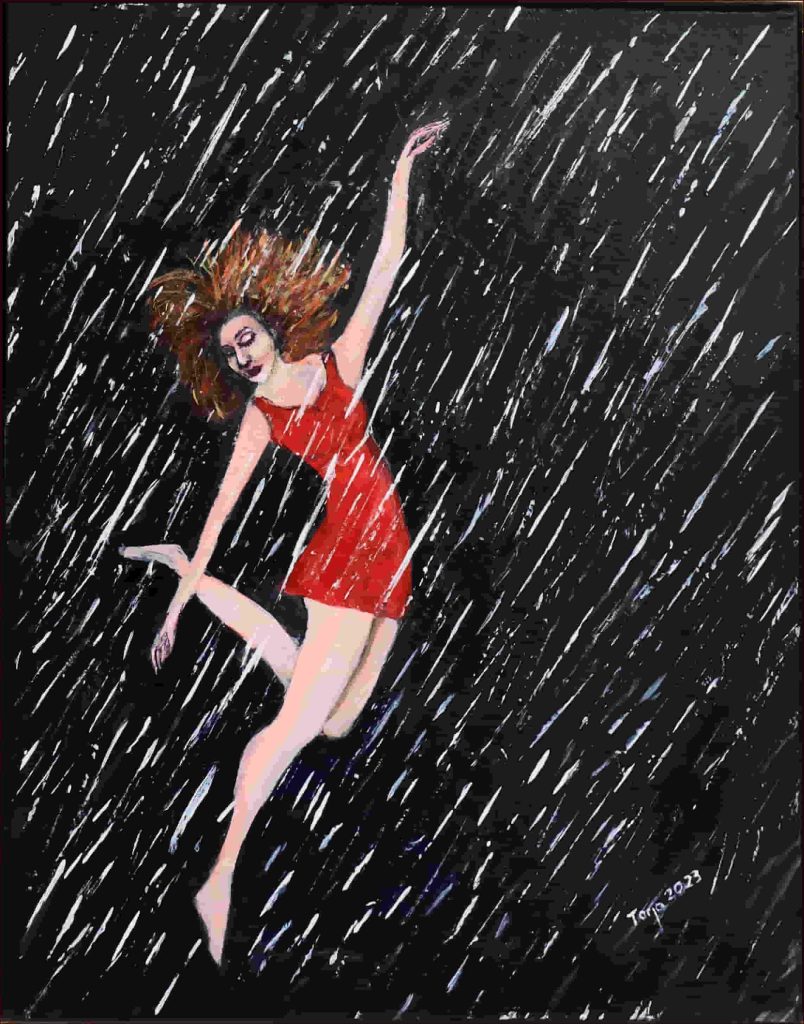 ‘Dancing in the Rain’ Tarja Rantala $120 (51 x 42cm Framed) Acrylic