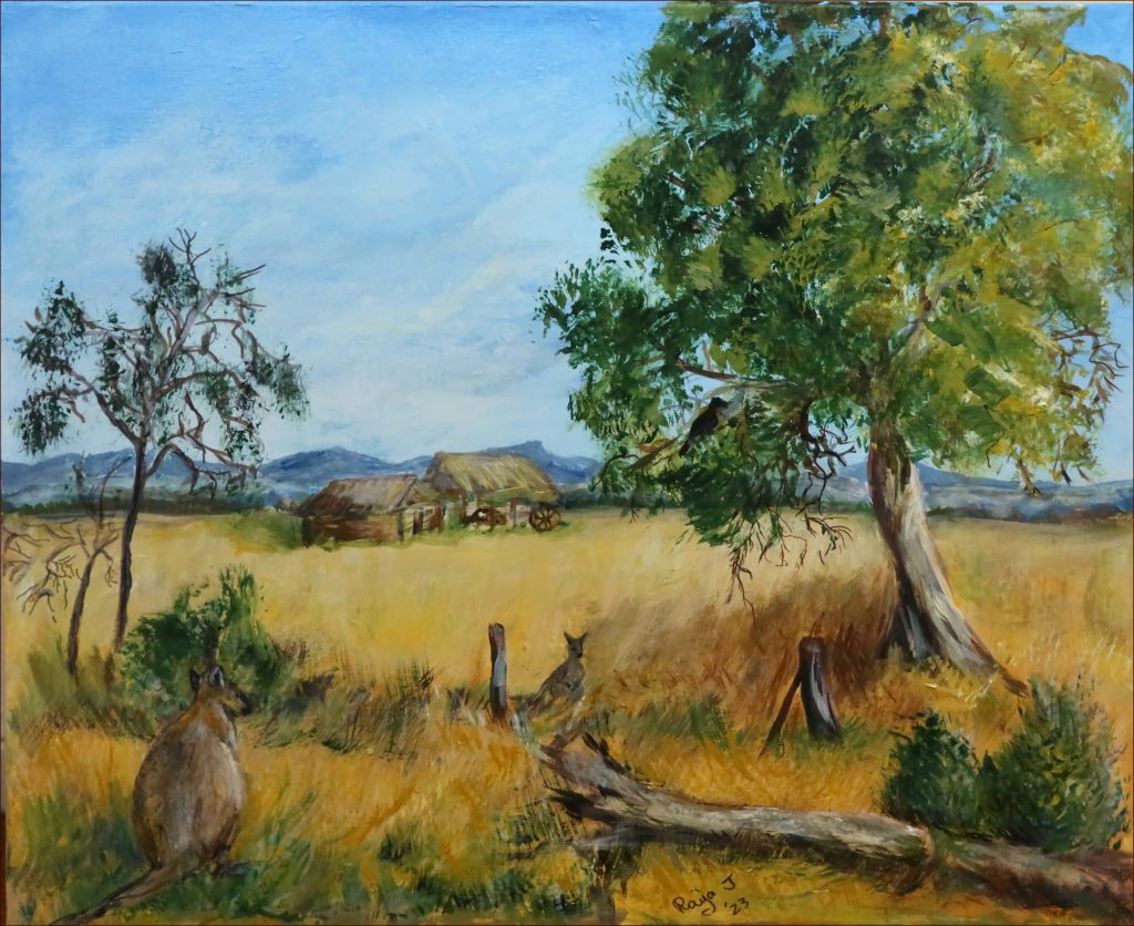 12 'Sheds in the Outback' Raija Jantti $250 (60 x 50cm Not Framed) Acrylic - Redland Yurara Art Society