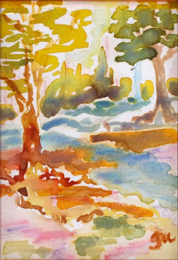 23 'A Nice Walk' Georgie Usher $45 (12 x 16cm Framed) Watercolour - Redland Yurara Art Society