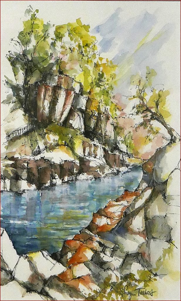 06  'Rocky Waterway' Sharyn Talbot $225 (44cm x 55cm Framed) Ink & Watercolour