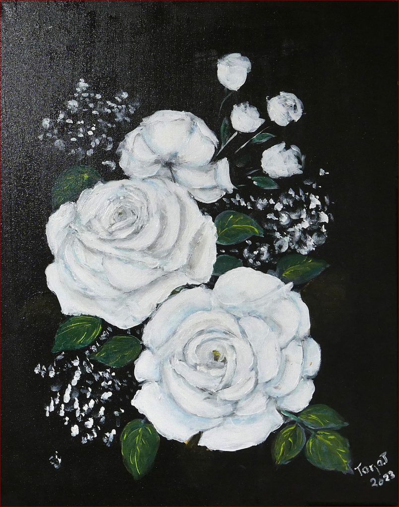 1 'White Roses' Tarja Rantala $120 (42cm x 52cm Framed) Acrylic - Redland Yurara Art Society