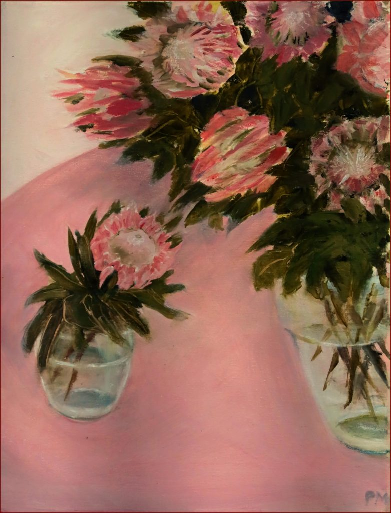20 'Proteas' Pam MacColl $95 (30cm x 40cm Not Framed) Oils - Redland Yurara Art Society