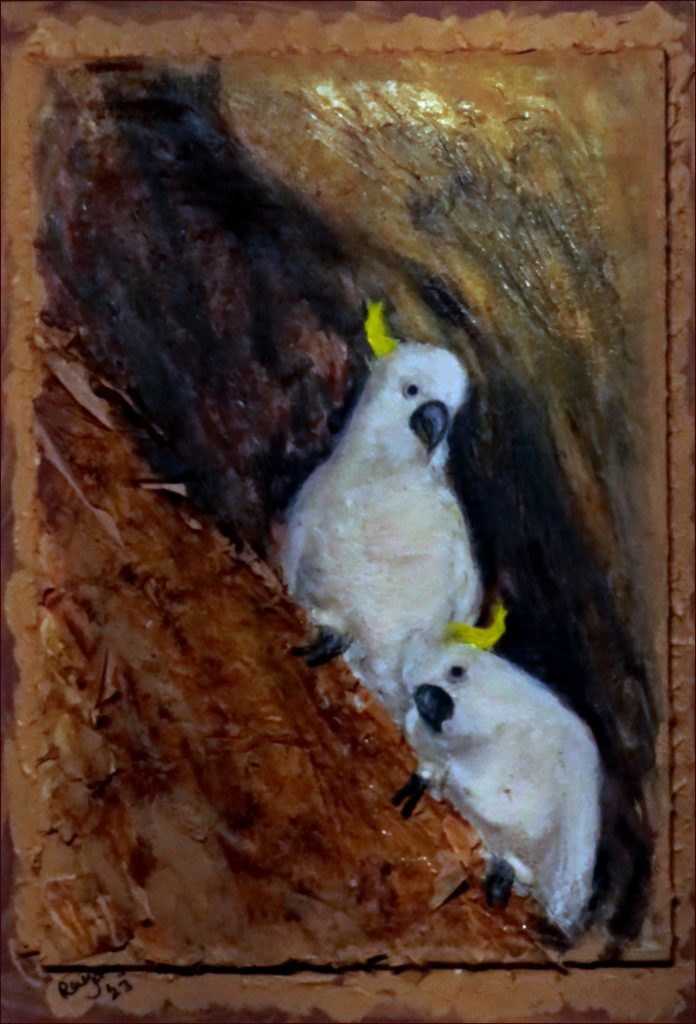 16 'Cheeky Cockatoos' Raija Jantti $150 (25cm x 36cm framed) Mixed Media - Redland Yurara Art Society