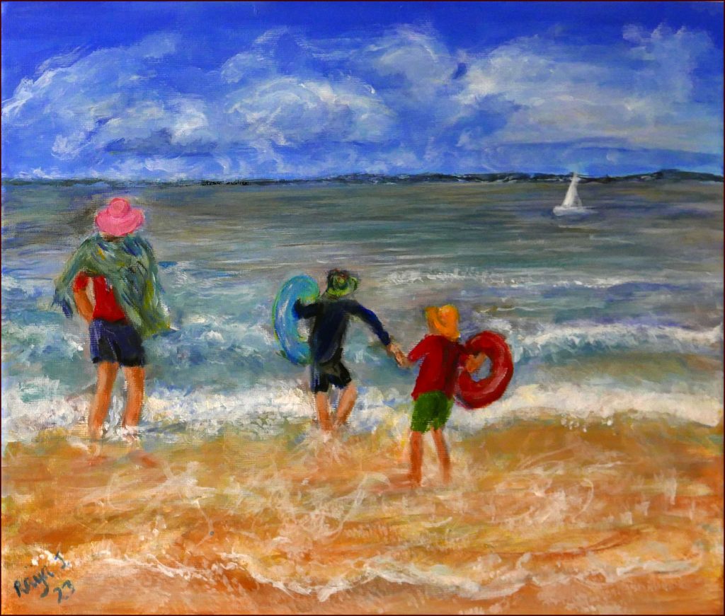 10 'Beach Fun' Raija Jantti $120 (35cm x 28cm Not Framed) Acrylic - Redland Yurara Art Society