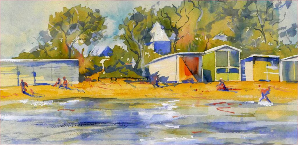 21 'Bathing Boxes' Pam MacColl $180 (75cm x 45cm Framed) Watercolour - Redland Yurara Art Society