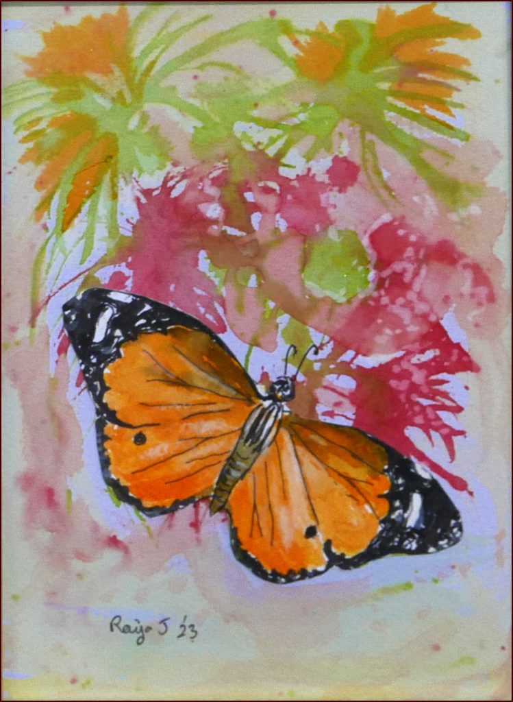 07 'Butterfly' by Raija Jantti, Line & Wash, 15x19cm Framed, $110 - Pen & Ink Exhibition - Redland Yurara Art Society