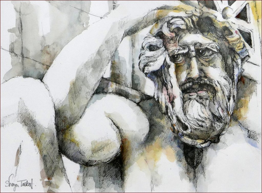 23 'The Ancient Thinker' by Sharyn Talbot, Line & Wash, 58x44cm Framed, $195 - Pen & Ink Exhibition - Redland Yurara Art Society