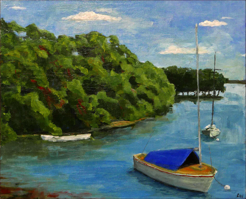 02 'Boats on the Bay' by Lynne Wright, Acrylic, 51x41cm Framed, $200 - Holiday Art Exhibition - Redland Yurara Art Society