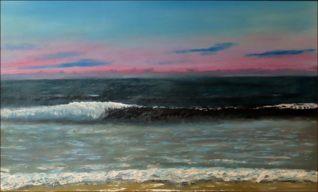 04 'Sunset Wave' by Ray Hackett, Oils, 60x38cm Framed, $200 - Holiday Art Exhibition - Redland Yurara Art Society