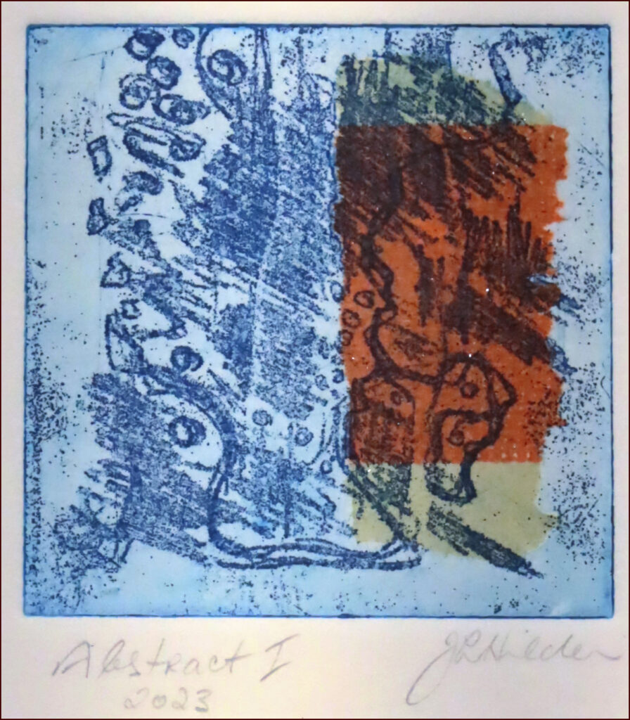 25 'Abstract I' by Joanne Hilder' Chine Colle Etching, 30x38cm Framed, $100 - Holiday Art Exhibition - Redland Yurara Art Society