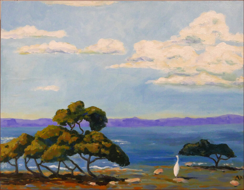 01 'Moreton Bay with Egret' by Lynne Wright, Acrylic, 45x35cm Not Framed, $200, Moreton Bay Exhibition - February 2024 - Redland Yurara Art Society