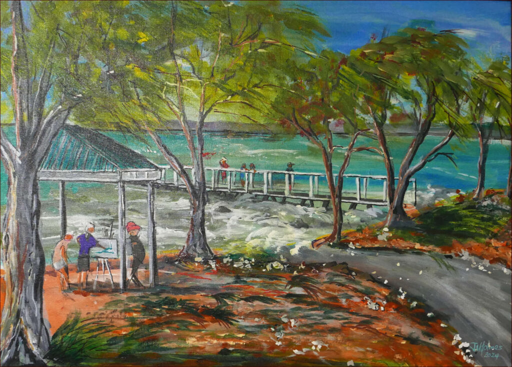 04 'Painting at Wellington Point' by John L Holmes, Acrylic, 60x45cm Framed, $100, Moreton Bay Exhibition - February 2024 - Redland Yurara Art Society