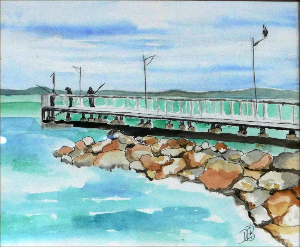 05 'Wellington Point Jetty' by Danielle Bain, Watercolour, 25x21cm Framed, $90, Moreton Bay Exhibition - February 2024 - Redland Yurara Art Society
