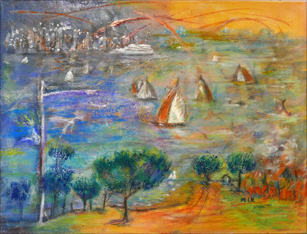 08 'View of Moreton Bay' by Mary Kirkby, Oils & Mixed Media, 50x40cm Not Framed, $220, Moreton Bay Exhibition - February 2024 - Redland Yurara Art Society