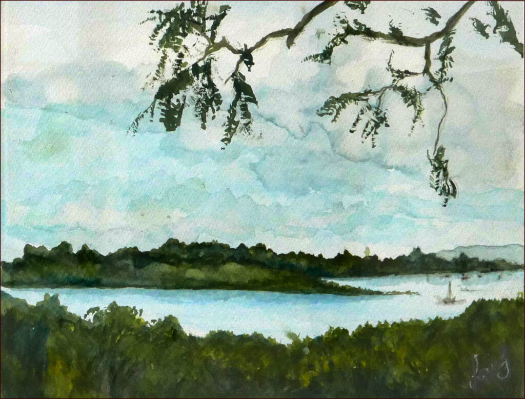 10 'East from Redland Bay' by Jan Laing, Watercolour, 46x34cm Framed, $70, Moreton Bay Exhibition - February 2024 - Redland Yurara Art Society