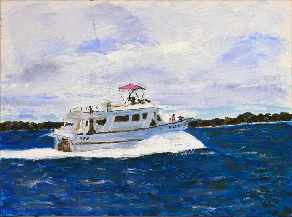 11 'Moreton Bay Boating' by Sylvia Heterick, Acrylic, 30x40cm Not Framed, $80, Moreton Bay Exhibition - February 2024 - Redland Yurara Art Society