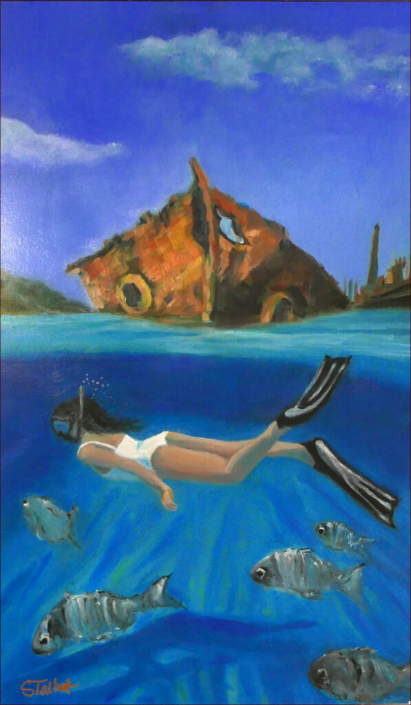 13 'Tangalooma Dive' by Sharyn Talbot, Oils, 35x60cm Framed, $275, Moreton Bay Exhibition - February 2024 - Redland Yurara Art Society