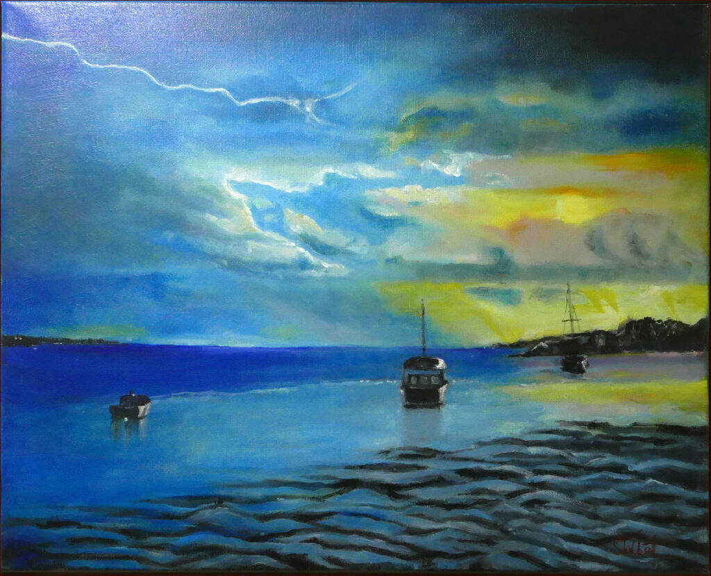 14 'Storm Clouds Victoria Point' by Sharyn Talbot, Oils, 50x60cm Framed, $275, Moreton Bay Exhibition - February 2024 - Redland Yurara Art Society