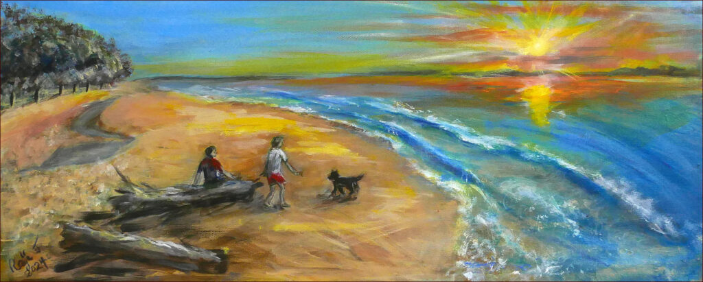 17 'Beach Sunrise' by Raija Jantti, Acrylic, 76x30cm Not Framed, $80, Moreton Bay Exhibition - February 2024 - Redland Yurara Art Society