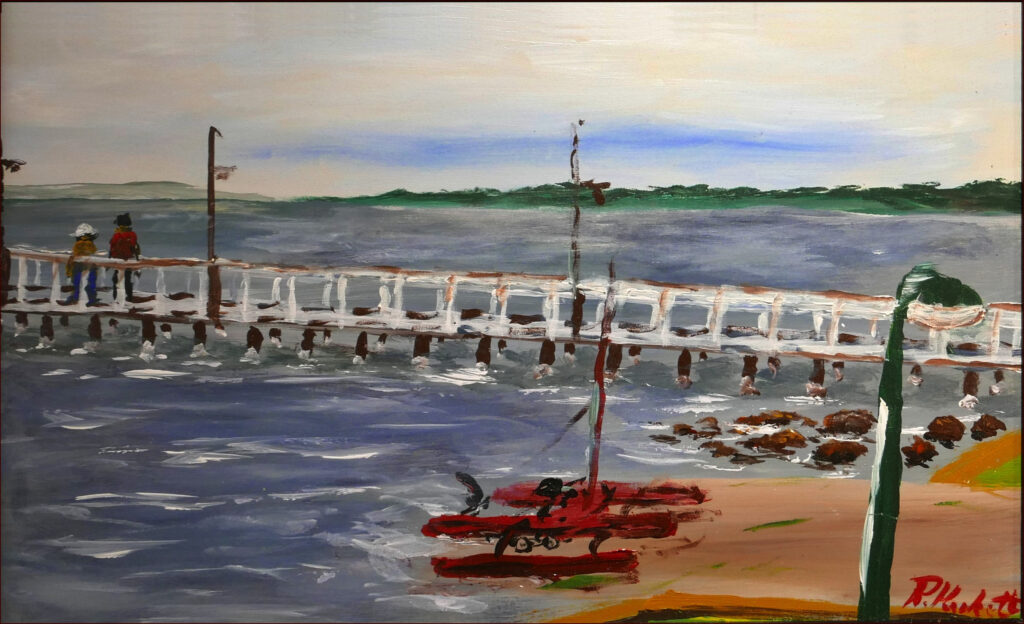 20 'Wellington Point Pier' by Ray Hackett, Acrylic, 60x40cm Framed, $75, Moreton Bay Exhibition - February 2024 - Redland Yurara Art Society