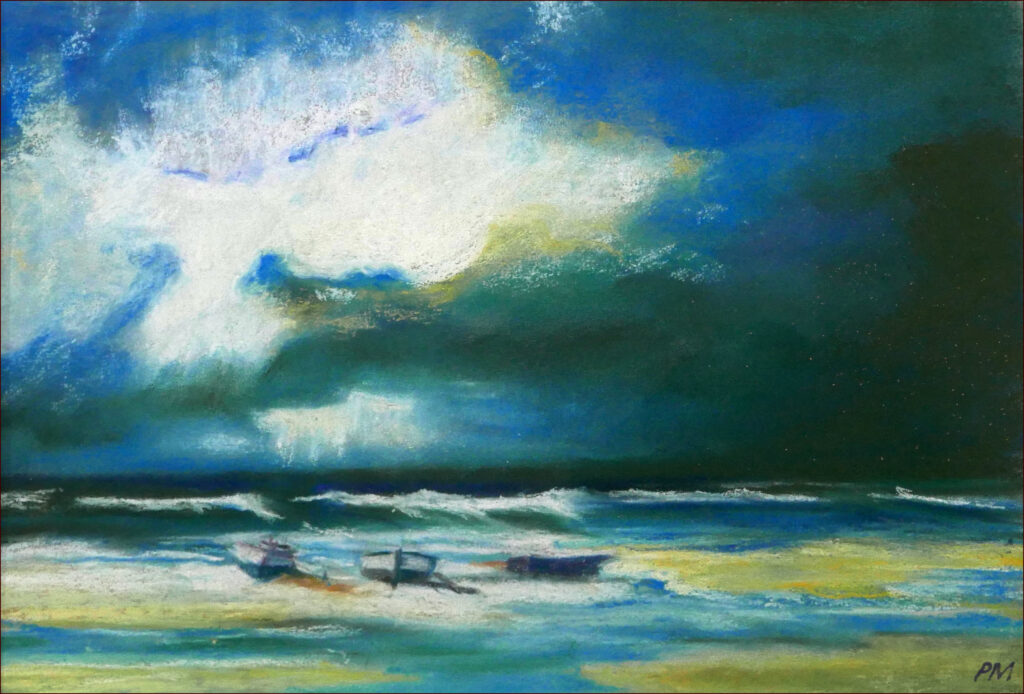 21 'Stormy Moreton' by Pam Maccoll, Pastel, 45x30cm Framed, $140, Moreton Bay Exhibition - February 2024 - Redland Yurara Art Society