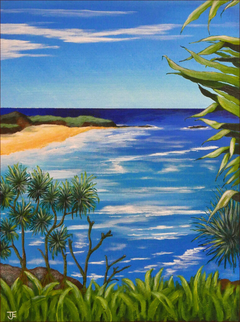 25 'South Gorge Beach' by Tony Edbrooke, Acylic, 35x45cm Framed, $195, Moreton Bay Exhibition - February 2024 - Redland Yurara Art Society