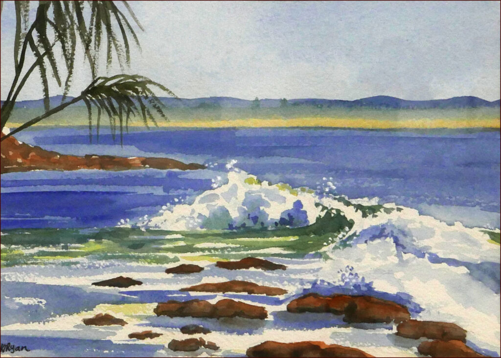 27 'Waves on Rocks' by Kathryn Ryan, Watercolour, 30x20cm Framed, $130, Moreton Bay Exhibition - February 2024 - Redland Yurara Art Society
