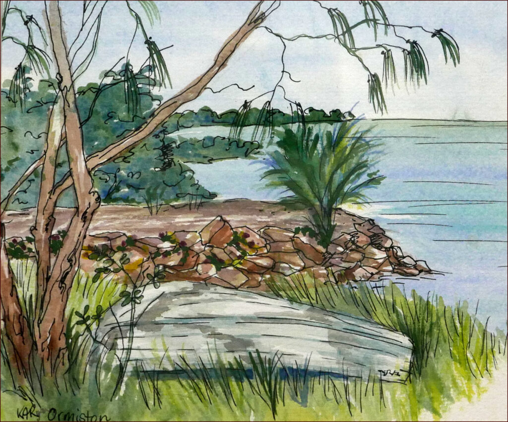 28 'Ormiston Boat' by Kathryn Ryan, Watercolour, 40x20cm Framed, $120, Moreton Bay Exhibition - February 2024 - Redland Yurara Art Society
