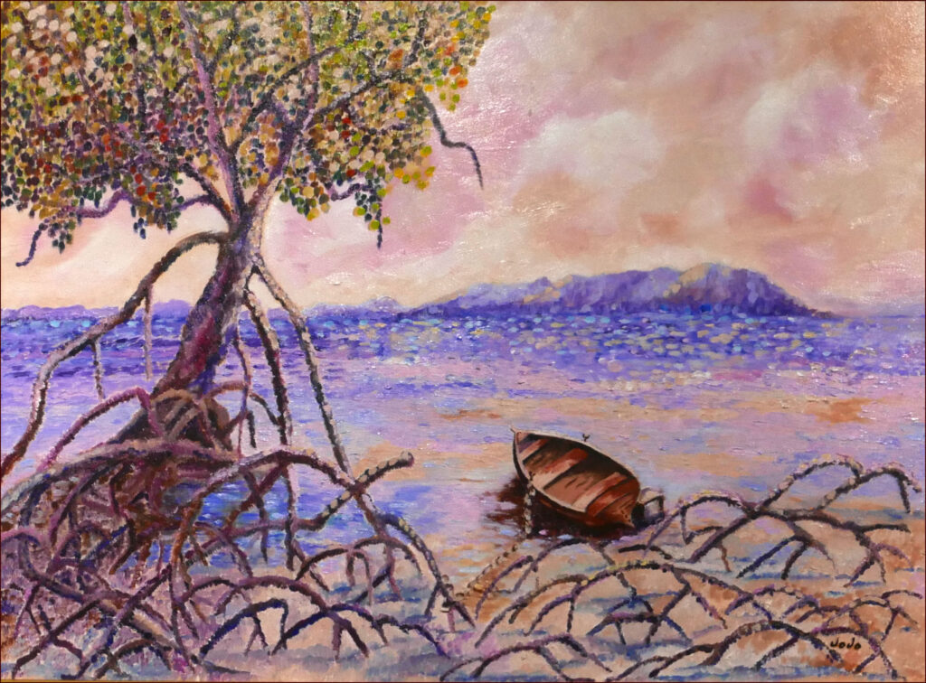 30 'The Lone Fisherman' by Josephine Symons, Oils, 81x69cm Framed, $400, Moreton Bay Exhibition - February 2024 - Redland Yurara Art Society