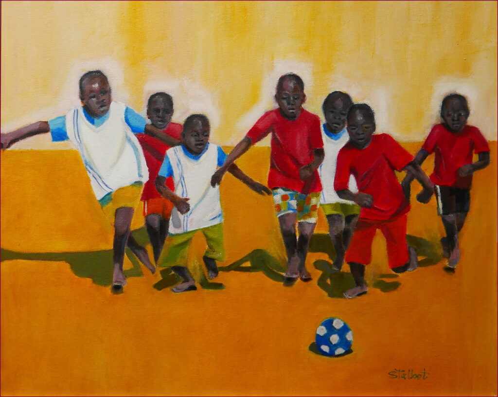 17 'The Chase for the Ball' by Sharon Talbot, Oils, 50x40cm Framed, $175, Sports & Games - March 2024 - Redland Yurara Art Society