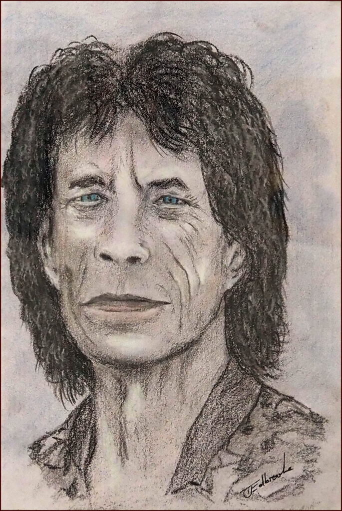 10_'Mick Jagger' by Tony Edbrooke, Charcoal & Graphite, 26x34cm, Framed, $150 - April 2024_Redland-Yurara-Art-Society