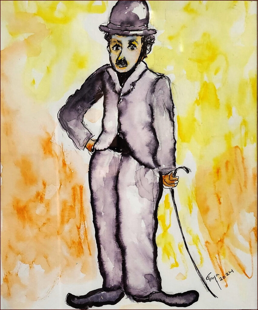 16_'Charlie Chaplin' by Tarja Rantala, Watercolour, 31x38cm, Framed, $60 - April 2024_Redland-Yurara-Art-Society