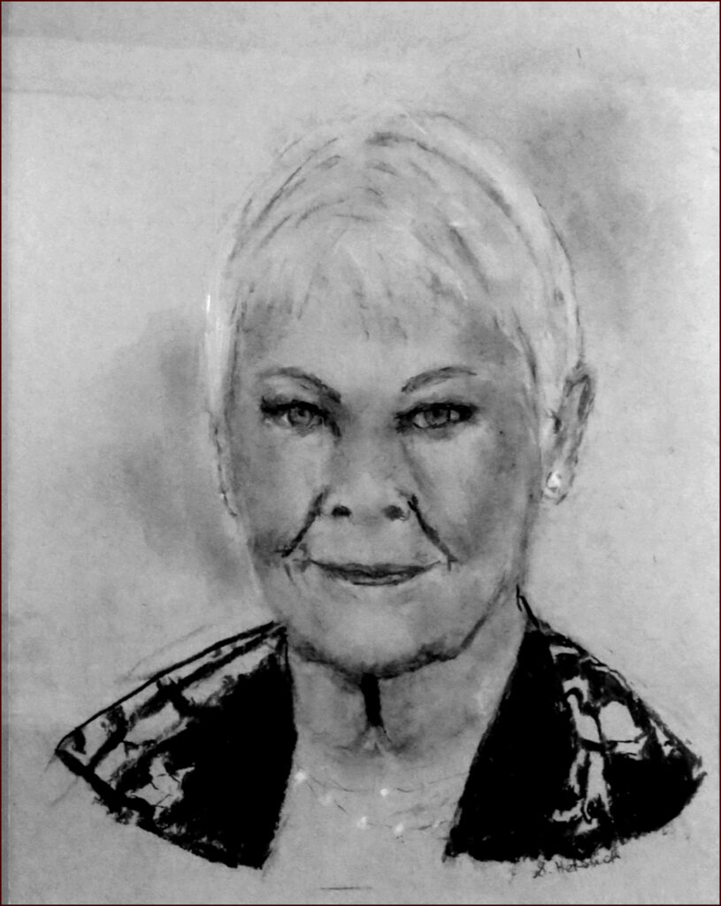 20_'Judy Dench' by Sylvia Heterick, Charcoal, 50x60cm, Framed, $250 - April 2024_Redland-Yurara-Art-Society