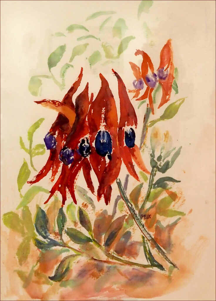 18 'Sturt's Desert Pea' by Mary Kirkby, Watercolour, 45x62cm, Framed, $260