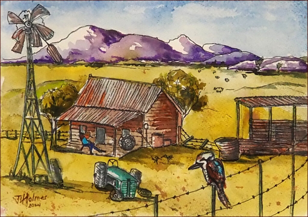 03 'Australia Felix Past' by John L Holmes, Ink and Watercolour, 30x21cm, Framed, $150