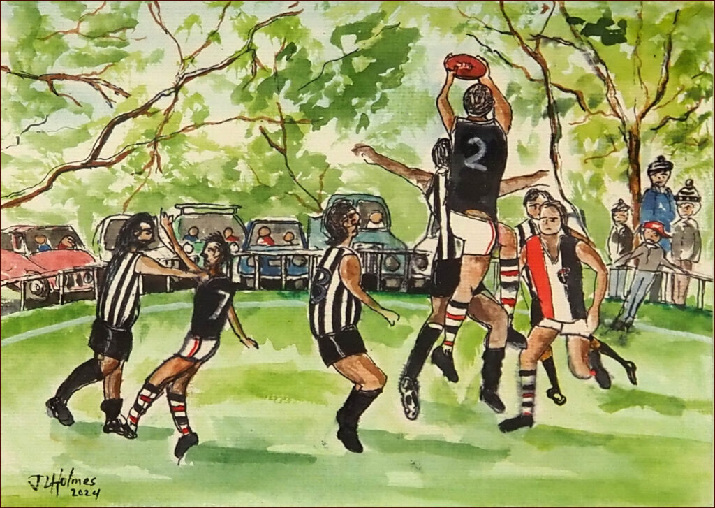 04 'Country Football' by John L Holmes, Ink and Watercolour, 30x21cm, Framed, $125