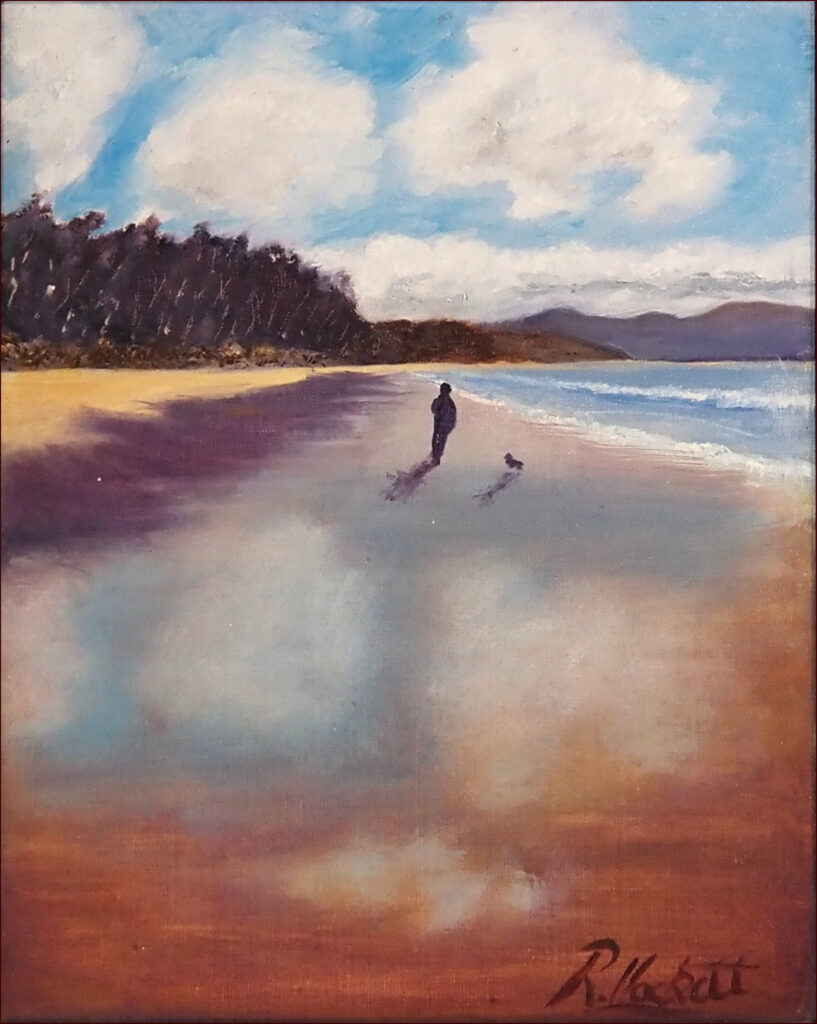 10 'Beach Walk' by Ray Hackett, Oils, 47x57cm, Framed, $250