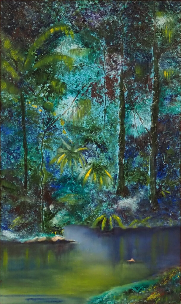 16 'Rainforest Peace' by Josephine Symons, Mixed Media, 40x63cm, Framed, $290