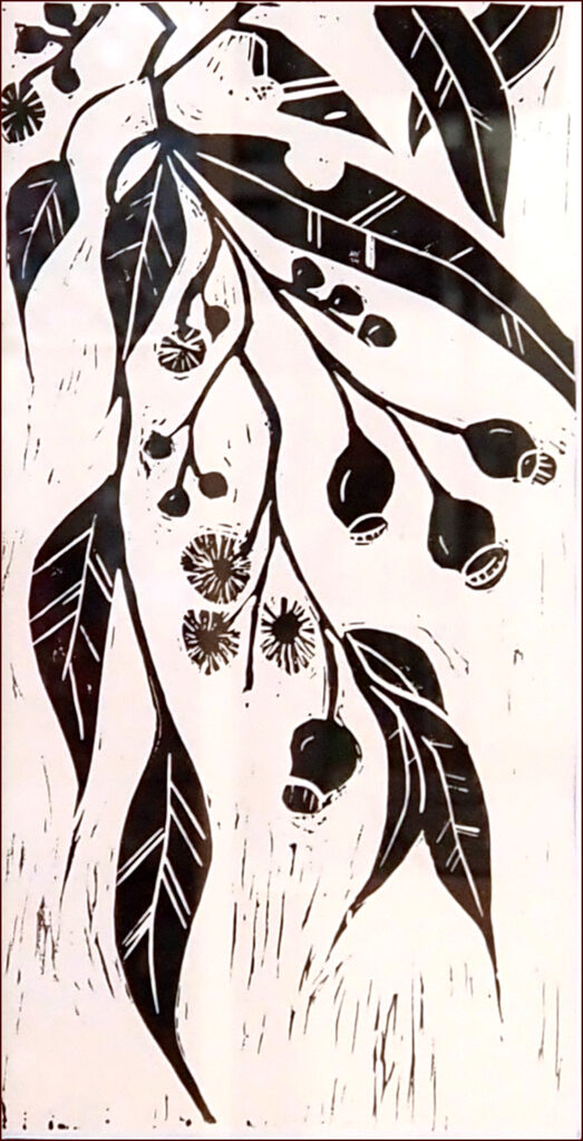 17 'Gum Leaves' by Joanne Hilder Lino, Print, 32x44cm, Framed, Not For Sale