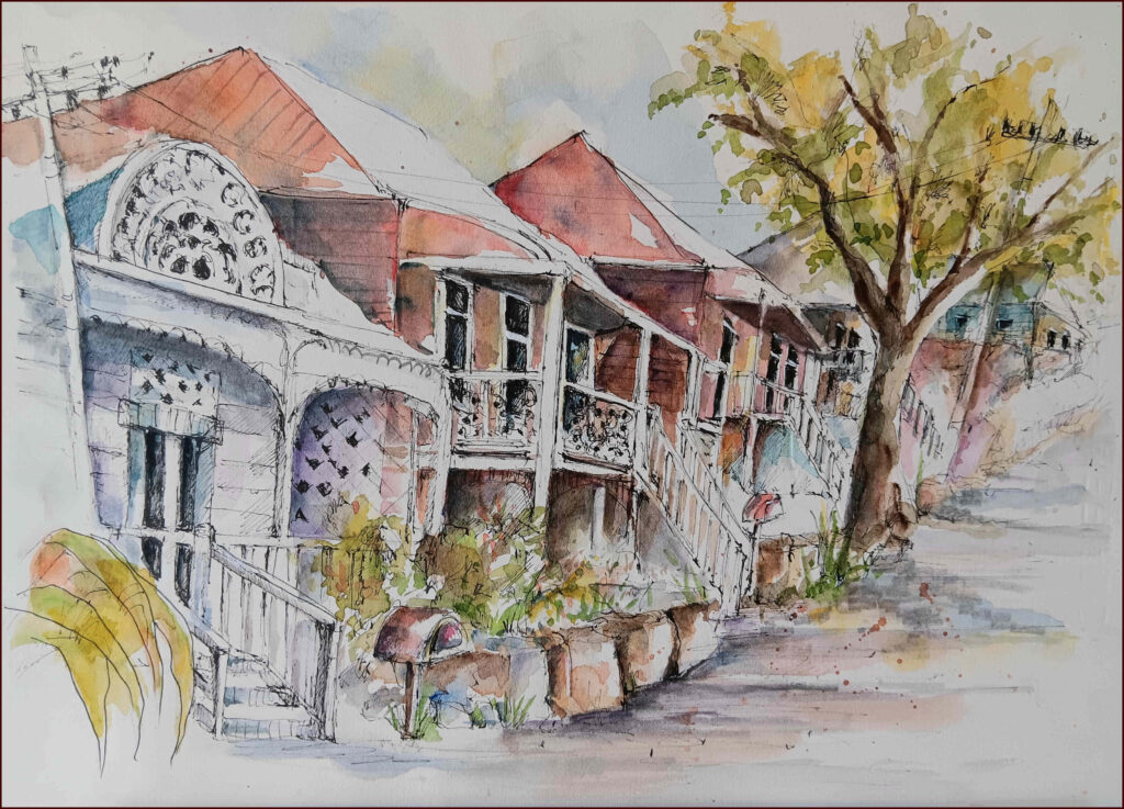 22 'Old Queenslanders' by Sharyn Talbot, Ink and Watercolour, 35x25cm, Framed, $195