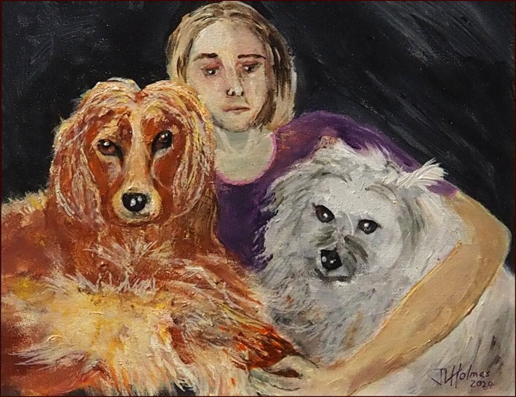 03 'Jenny with Amber & Raffles' by John L Holmes, Acrylic, 35x27cm, Framed, $135