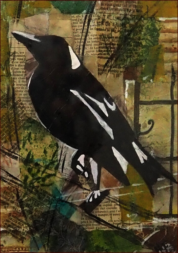 08 'Magpie Magic' by Helen Boydell, Mixed Media, 28x36cm, Framed, $75