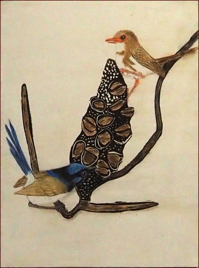 16 'Wrens' by Noreen Eyears, Lino Print & Coloured Pencil, 23x31cm, Not Framed, $60