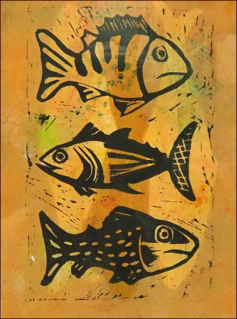 22 'Three Fish' by Joanne Hilder, Lino Print, 30x38cm, Framed, Not For Sale