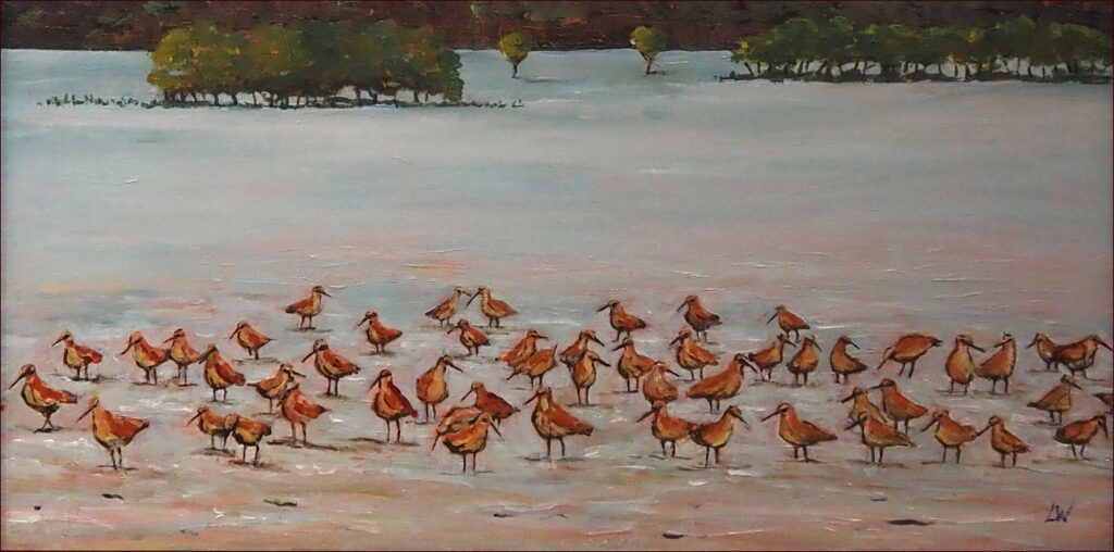 01 'Toondah Migrants' by Lynne Wright, Acrylic, 60x30cm, Framed, $180