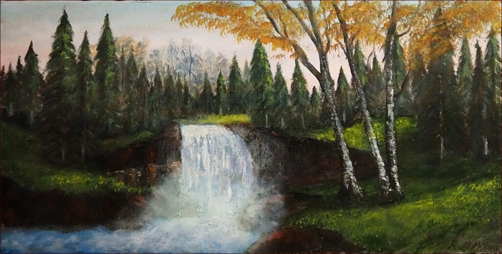 04 'Misty Falls' by Ray Hackett Oils, 85x45cm, Framed, $800