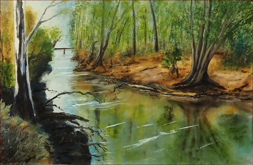 05 'River View' by Ray Hackett, Oils, 80x50cm, Framed, $800