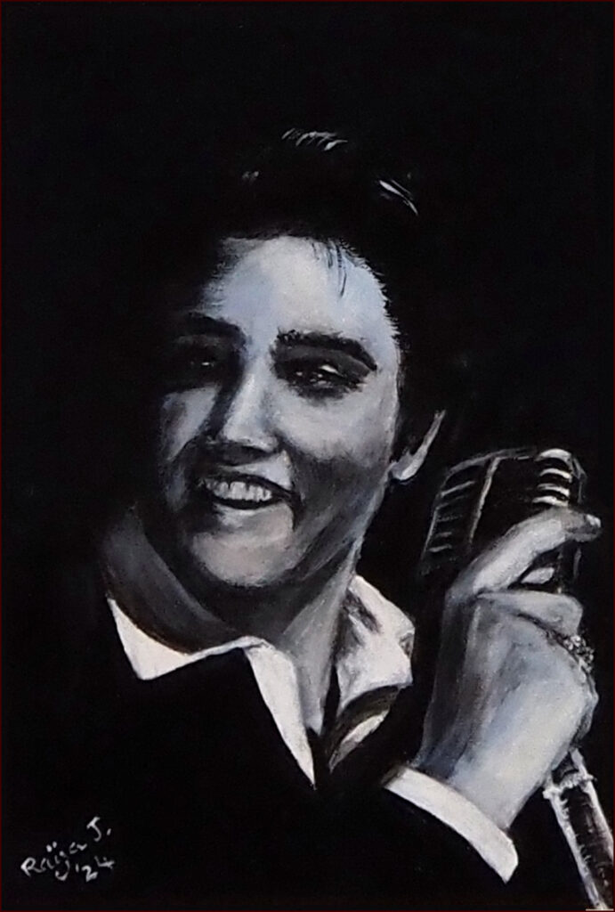 09 'Elvis the King' by Raija Jantti, Acrylic, 19x29cm, Framed, $150