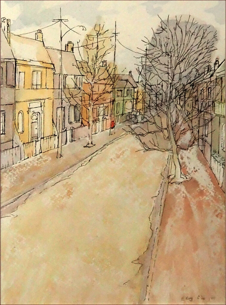 35 'A Quiet Street' by Eunice King, Ink & Acrylic, 28x36cm, Framed, Not For Sale
